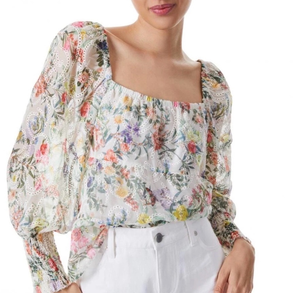 Alice + Olivia Rowa Floral Eyelet Square Neck Puff Sleeve Tiered Silk Top Sz M